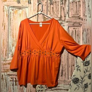 Orange V-Neck Blouse with Stud Accents